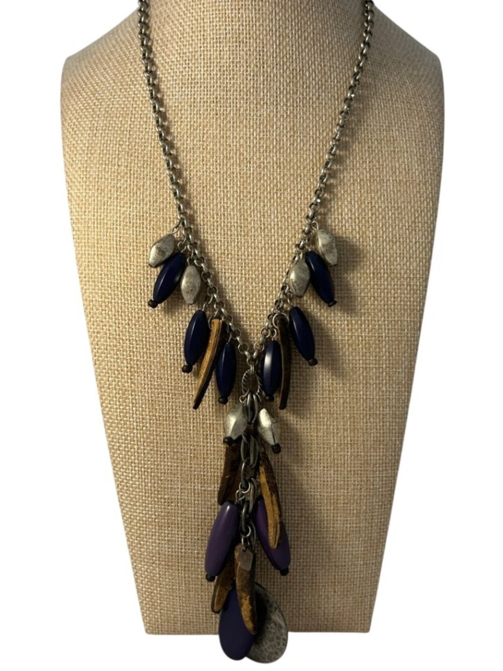 Long Dangle Statement Necklace Purple Brown Wood Plastic Metal Beads Boho Tribal